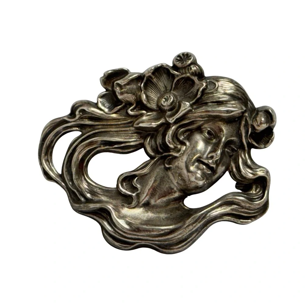 William Kerr Art Nouveau Sterling Silver lady hair flowing‎ Pin Vtg 1297 signed